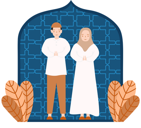 Saudação de casal muçulmano para Eid Fitri  Ilustração