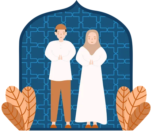 Saudação de casal muçulmano para Eid Fitri  Ilustração