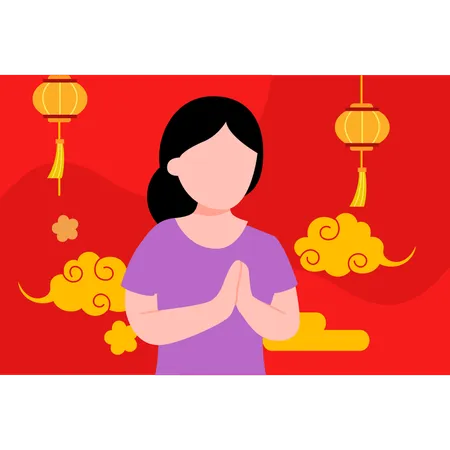 Saudação de menina chinesa no ano novo chinês  Ilustração