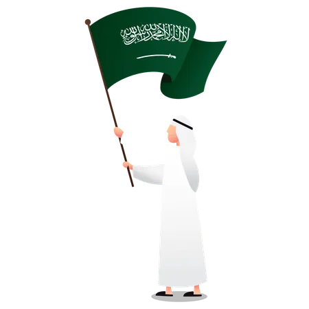 사우디아라비아 국기를 들고 있는 사우디 남자  일러스트레이션