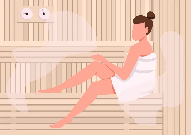 Sauna Flat Color Vector Illustration Woman In Towel 2 D Cartoon Character With Steam Room On Background Healthy Pastime Recreational Activity Spa Center Procedure Vaporarium Bathhouse Relaxation Illustration