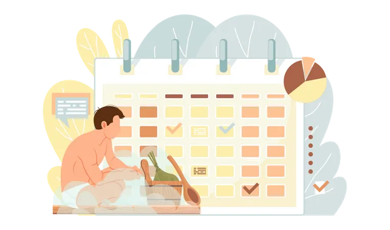 Man Sitting Near Calendar With Signs Guy Next To Schedule Is Resting In Sauna Male Character In Hot Steam Person Looks At Bath Accessories And Broom Time Tracking And Time Management Concept Illustration