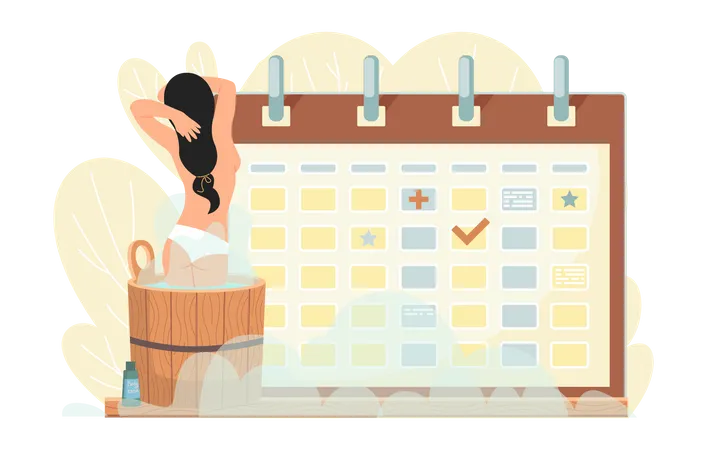Cleansing Skin And Hair Concept Female Character Is Relaxing In Barrel With Hot Water Girl Bathes With Schedule On Background Calendar With Signs And Time Management Concept Vector Illustration Illustration