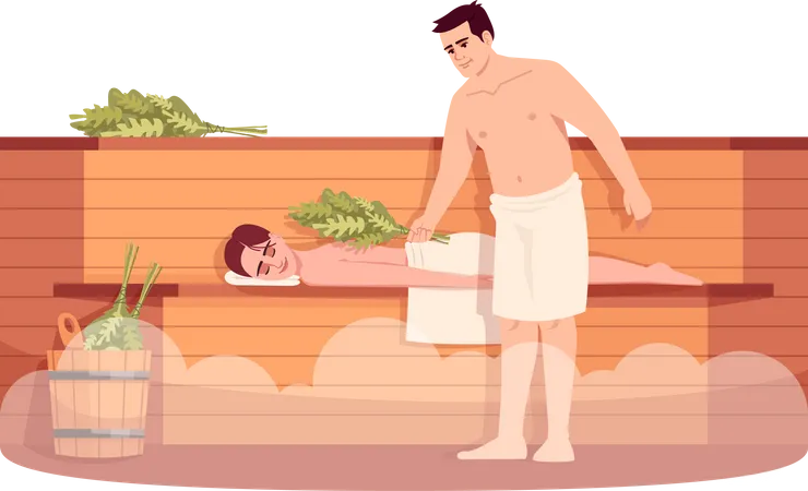 Sauna Lounge Semi Flat RGB Color Vector Illustration Girl Relax On Wooden Stove Shelf Boyfriend With Bath Broom Massage Girlfriend Man And Woman Isolated Cartoon Character On White Background Illustration