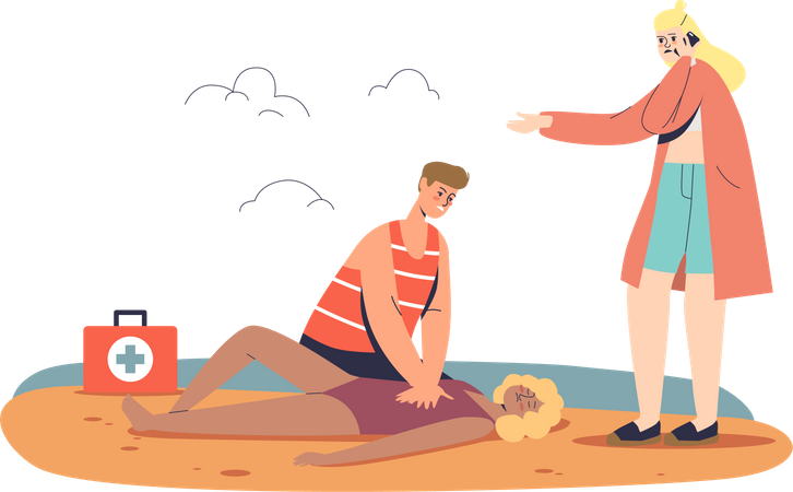 Sauveteur de plage prodiguant les premiers soins à une femme après une noyade  Illustration