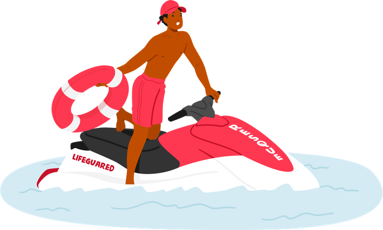 Un sauveteur masculin porte un uniforme rouge, équipé d'une bouée de sauvetage manœuvrant habilement un jet ski  Illustration