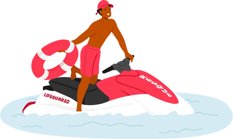 Un sauveteur masculin porte un uniforme rouge, équipé d'une bouée de sauvetage manœuvrant habilement un jet ski  Illustration