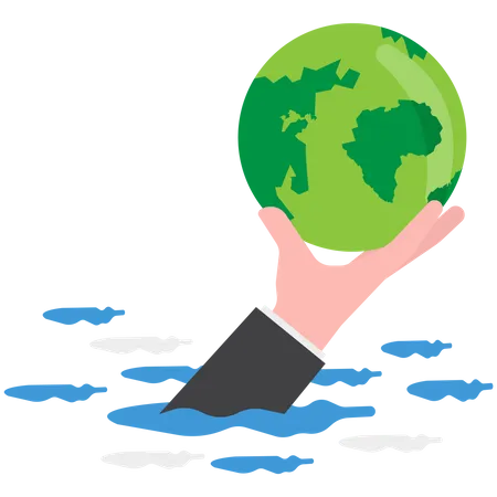 Save The World From Climate Change And Global Warming Problems Protect Our Planet From Melting Ice Flood Or Disaster Concept Hand Tendering Holding World Or Globe Above Climate Flood Ocean Illustration