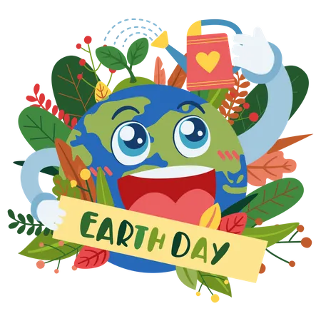 Smiley Earth Day Web Banner Watering To Planting Forest Concept Help Reduce Global Warming In Cartoon Character Isolated Vector Illustration イラスト