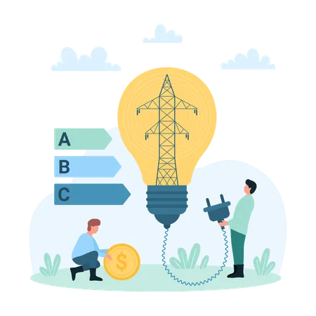 Save Energy And Electricity Vector Illustration Cartoon Tiny People Holding Light Bulb Plug And Money Saving Electricity Of Transmission Tower With Efficiency Pay For Consumption Utility Bills Illustration