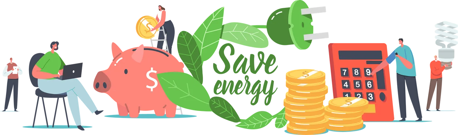 Save Energy Environmental Concept Tiny Male And Female Characters Put Coins Into Huge Piggy Bank Use Energy Saving Eco Lamps Counting Benefit On Calculator Cartoon People Vector Illustration Illustration