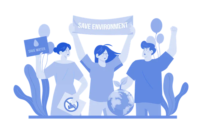 The Group Of Volunteers Raised The Banner Save Environment Illustration