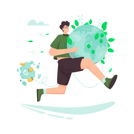 Save The Earth From Trash A Man Running Holding The Earth Illustration Illustration
