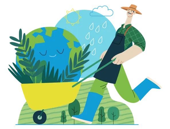 Ecology Save The Planet Modern Flat Vector Concept Illustration Of A Gardener Wearing A Hat Apron And Boots Carrying A Garden Cart With A Globe Inside Creative Landing Web Page Template Illustration