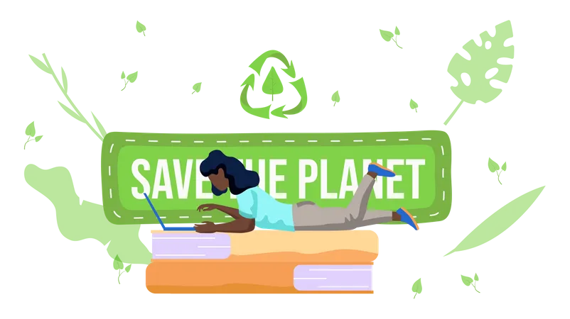 A Girl With A Laptop Lies On The Books And Works Or Studies On Her Computer Save The Planet Concept People Protect The Environment And Do Not Harm It Garbage Recycling Logo On Background Ecology Illustration