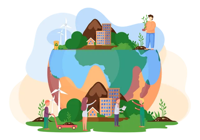 People Prepare For The Day Of The Earth Good Side Of Human Influence On The Planet Man Standing On The Planet Plants The Tree Society Tries To Save The Planet Earth Vector Flat Illustration Illustration