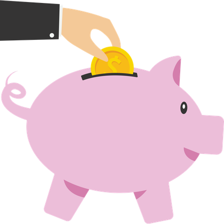 Saving coins into piggy bank  イラスト