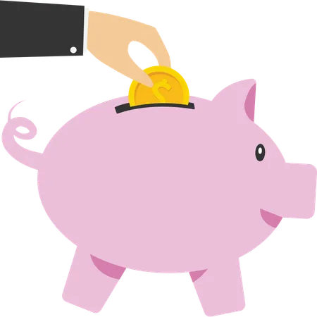 Saving coins into piggy bank  イラスト