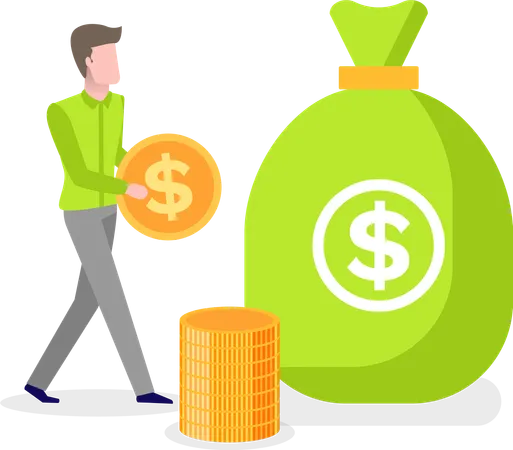 Man Carrying Golden Coin In Hands With Dollar Sign Money Savings Concept Vector Male Character And Bag Of Earnings Green Sack And Pile Of Gold Illustration