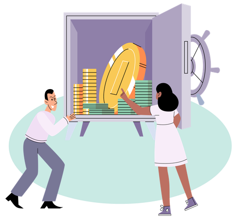 Saving money in metal safe  Illustration