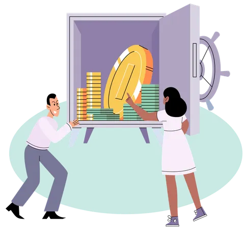 Saving money in metal safe  Illustration
