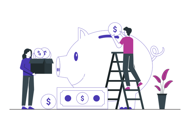 Saving money in piggy bank Illustration