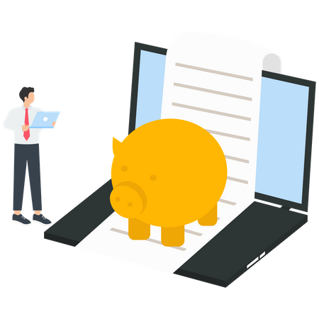 Saving money in piggy bank and analyzing report  Illustration