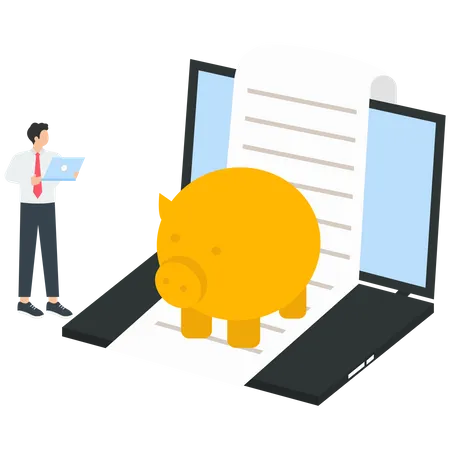 Saving money in piggy bank and analyzing report  Illustration