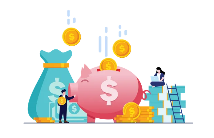 Saving money in piggy bank  Illustration