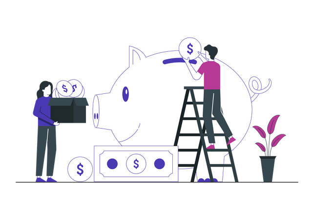 Saving money in piggy bank  Illustration