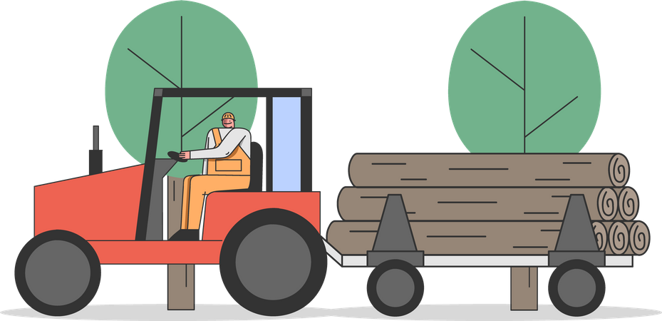 Sawmill Worker Carries Huge Logs On Tractors Illustration