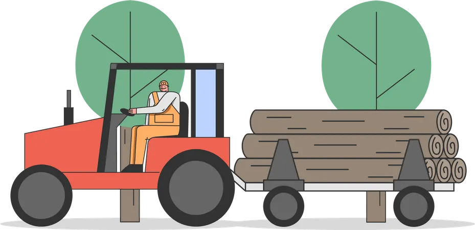 Concept Of Cutting Trees Professional Sawmill Worker Carries Huge Logs On Tractors Trailer For The Further Processing Global Deforestation Cartoon Linear Outline Flat Style Vector Illustration Illustration