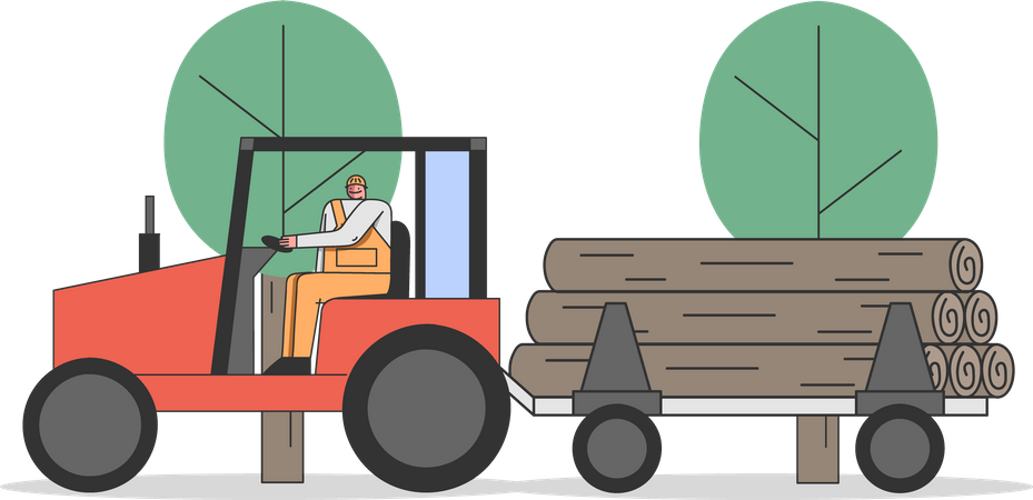 Sawmill Worker Carries Huge Logs On Tractors  Illustration