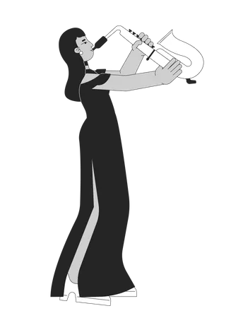 Saxophone Girl In Recital Dress Black And White Cartoon Flat Illustration Indian Lady Saxophonist 2 D Lineart Character Isolated Performer Woodwind Instrument Monochrome Scene Vector Outline Image Illustration