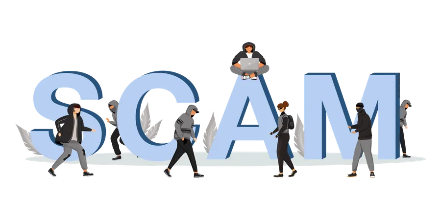 Scam Word Concepts Flat Color Vector Banner Theft And Burglary Street Robbery Isolated Typography With Tiny Cartoon Characters Criminal Activity Creative Illustration Isolated On White Illustration