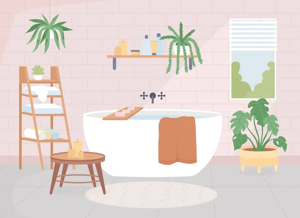 Scandinavian Bathroom Loft Style Apartment Room Comfortable Bathroom Washroom With Bathtub Nordic Style 2 D Cartoon Interior With Furnishing On Background Illustration