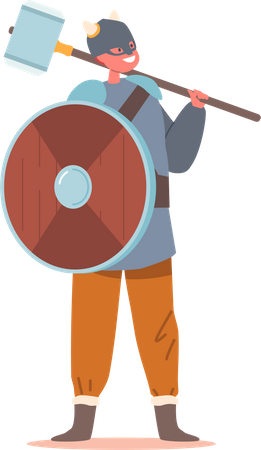 Scandinavian Warrior Boy Wear Helmet Holding Wooden Shield and Hammer Illustration