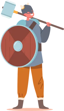 Scandinavian Warrior Boy Wear Helmet Holding Wooden Shield and Hammer  Illustration