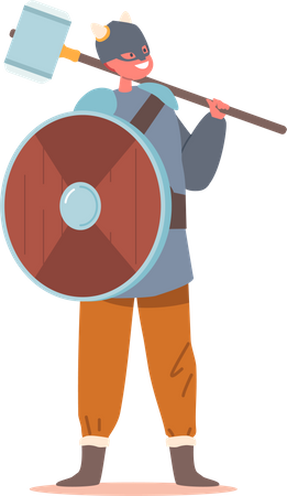 Scandinavian Warrior Boy Wear Helmet Holding Wooden Shield and Hammer  Illustration