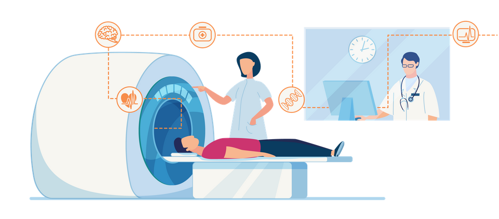 Diagnostic CT ou IRM en clinique modèle de bannière plate hôpital machine de numérisation du corps du cerveau humain pour le patient  Illustration