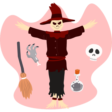 Scarecrow holding a broom surrounded by a skull and various other Halloween-themed items  Illustration