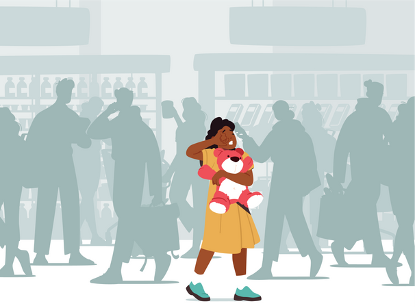 Scared Baby Girl With Teddy Bear Crying And Searching Mother Among Crowd Of People  Illustration