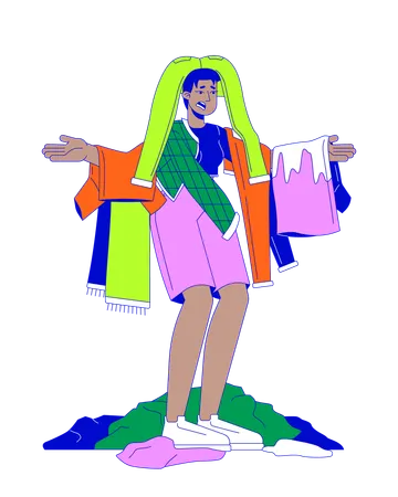Scared black woman with clothes pile  Illustration
