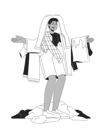 Scared black woman with clothes pile  Illustration