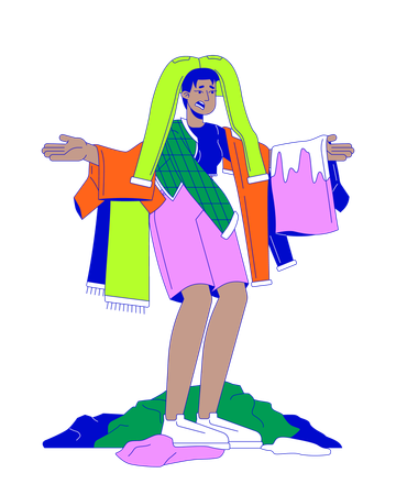 Scared black woman with clothes pile  Illustration