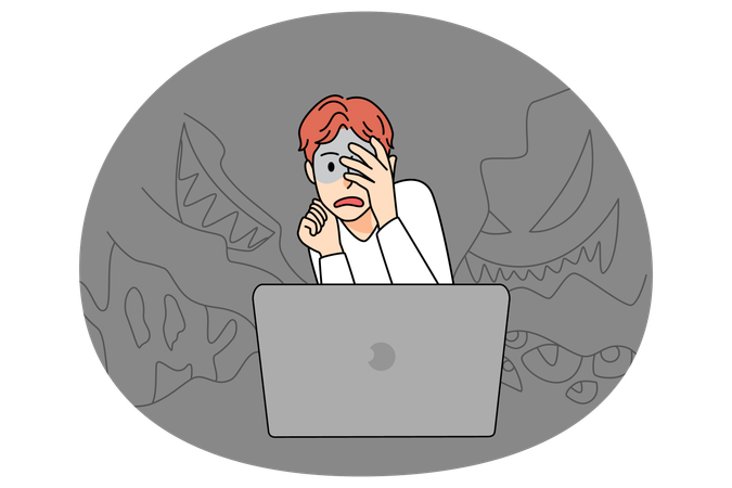 Scared boy watch horror movie on computer  Illustration