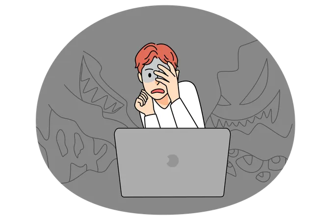 Scared boy watch horror movie on computer  Illustration