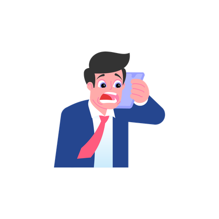 Scared businessman makes call and talks on phone  Illustration