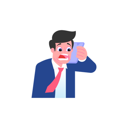 Scared businessman makes call and talks on phone  Illustration