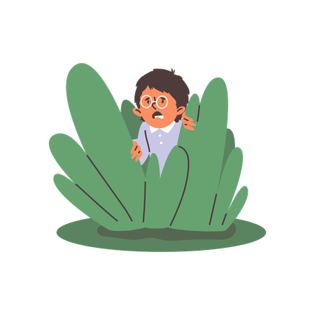 Scared child in glasses hiding behind green bush and peeping  Illustration